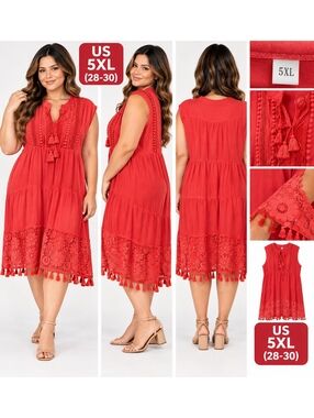 Women plus size red lace trim sleeveless midi dress 5XL